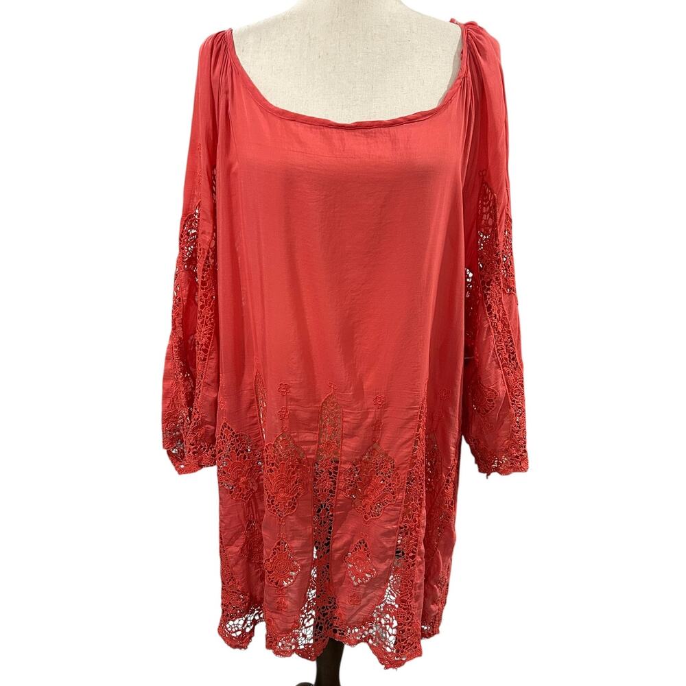 XCVI Bohemian Style Coral Lace Crochet Trim Tunic Top Plus Size 2X
